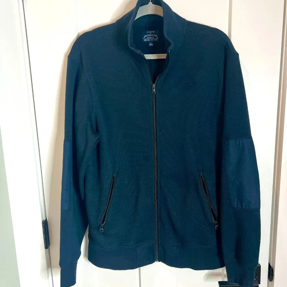 J. Crew Authentic Fleece Navy Blue Full Zip Elbow Patches Mock Neck Size Medium